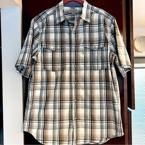 Men’s Carhartt Blue and BrownPlaid Short Sleeve Pearl Snap Shirt Size L